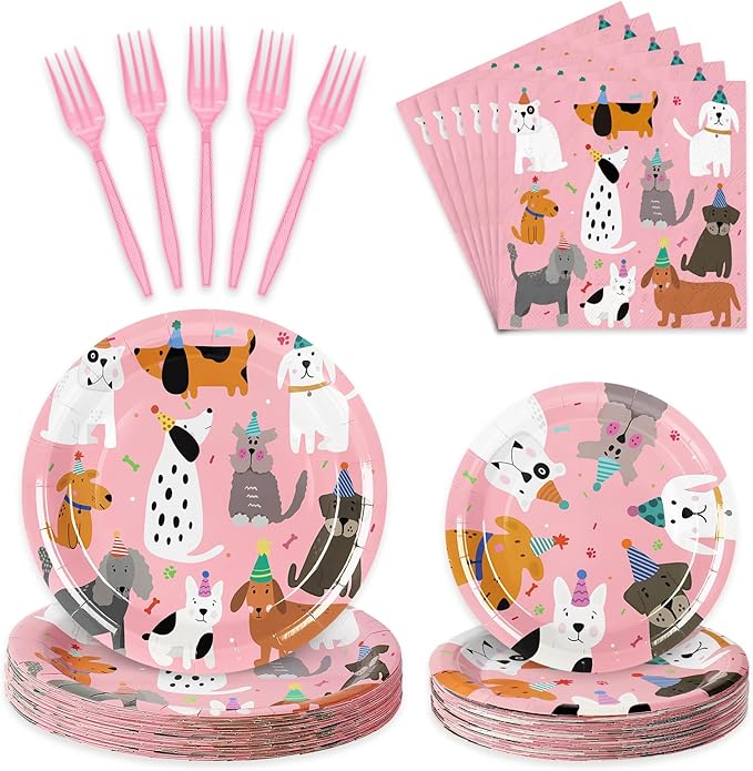 JarThenaAMCS 96Pcs Dog Birthday Party Supplies Disposable Dog Themed Tableware Include 24 Dinner Plates 24 Dessert Plates 24 Paper Napkins 24 Forks Pink Cartoon Dog Birthday Party Decor for 24 Guests