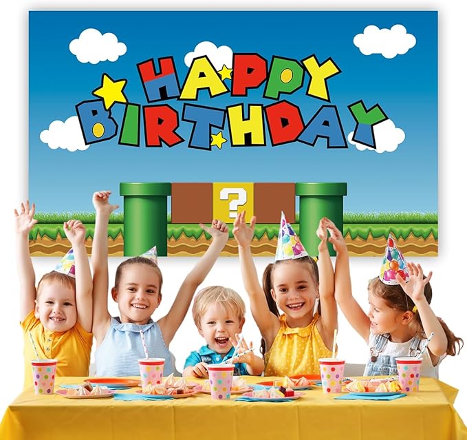 Super Bros Happy Birthday Party Backdrop, Baby Shower Cake Table Decoration Supplies, Super Bros Themed Banner (5X3FT)