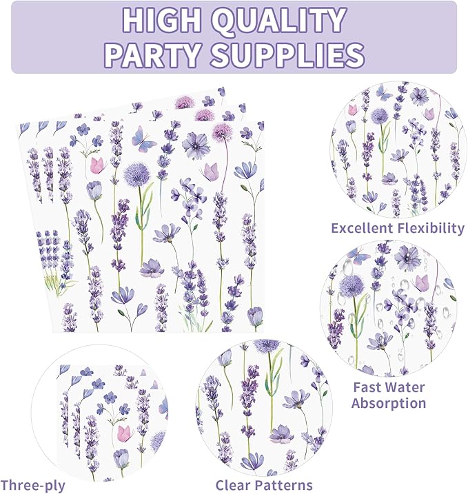 200Pcs Lavender Party Supplies Spring Purple Lavender Floral Plates and Napkins Disposable Butterfly Flower Tableware Set for Wedding Birthday Baby Shower Tea Party Decorations Serves 50