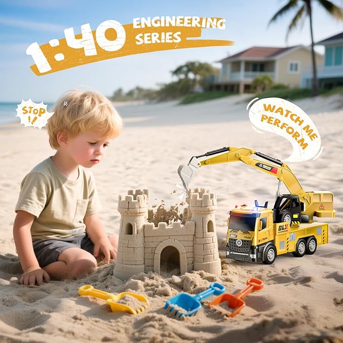 4 Pcs Alloy Construction Truck Toys for 2 3 4 5 Year Old Boys, 9" Construction Vehicles with Light & Sound, Truck Toys for 1 2 3 Year Old Boys, Ideas 2 3 4 5 Year Old Boy Birthday Gifts