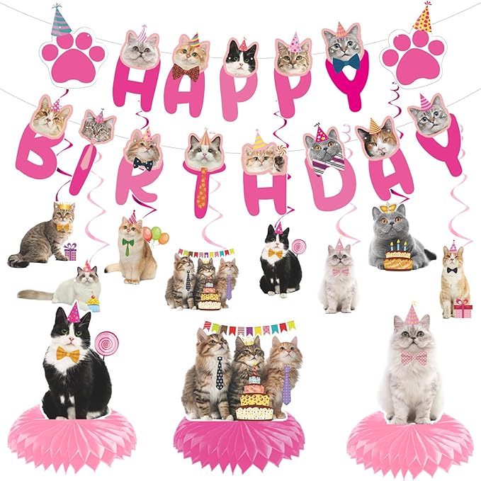 Cat Birthday Party Hanging Swirls - NOVBAUB 20PCS Lovely Pink Cat Birthday Party Supplies Honeycomb Centerpieces Cute Cat Theme Birthday Party Decorations for Cats Kids Teens Adults