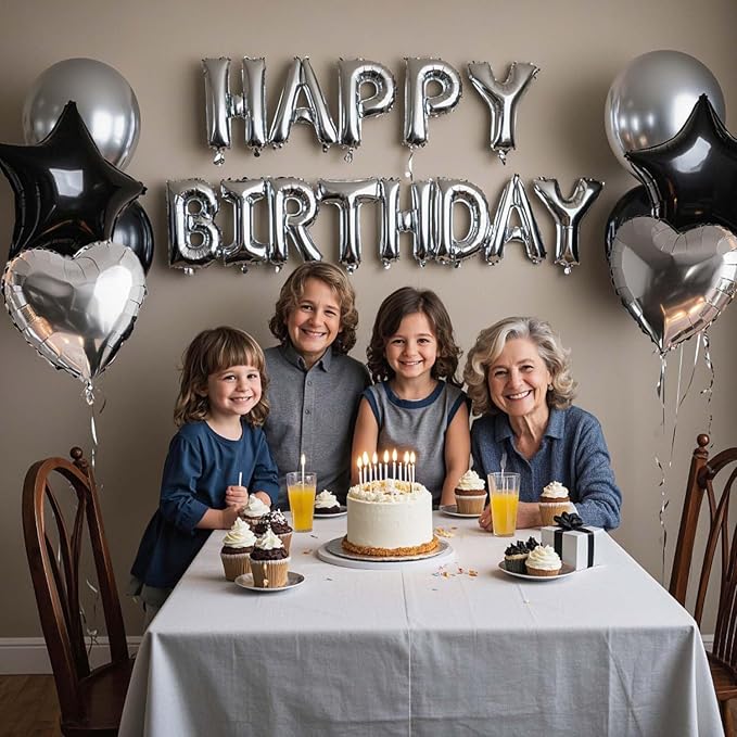 27 Pcs Silver Black Birthday Decorations, 3D Letters Silver Happy Birthday Balloon Banner, Pentagram Heart Foil Balloons Confetti Balloons Kit For Boys Girls Party Supplies