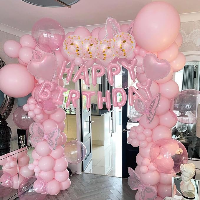 27 Pcs Pink Birthday Decorations, 3D Foil Pink Happy Birthday Balloon Banner, Pentagram Heart Foil Balloons Confetti Balloons Kit For Boys Girls Birthday Party Supplies