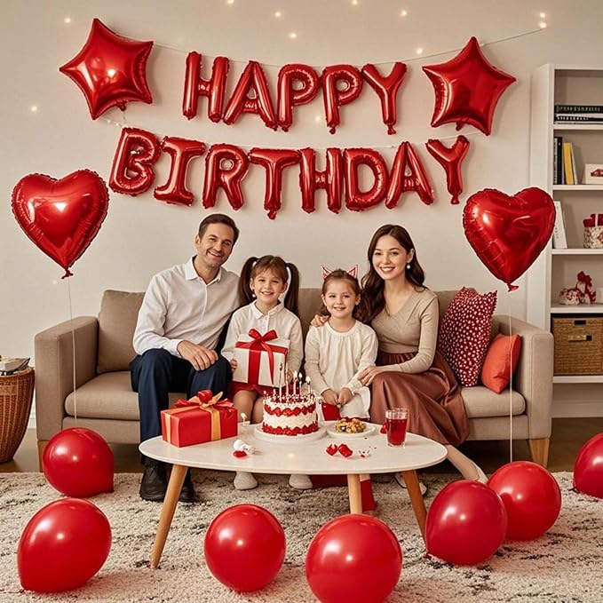 27 Pcs Red Birthday Decorations, 3D Foil Red Happy Birthday Balloon Banner, Pentagram Heart Foil Balloons Confetti Balloons Kit For Boys Girls Birthday Party Supplies