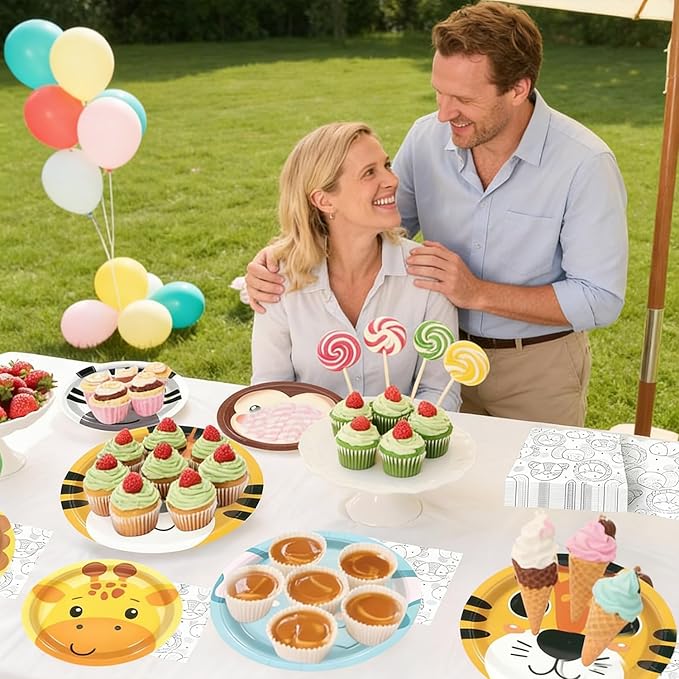 180Pcs Jungle Wild Animal Paper Plates Party Supplies Zoo Animal Paper Plates and Napkins Serve 60 Disposable Tableware Set for Birthday Party Decorations Game Day Family Holiday Sports Events