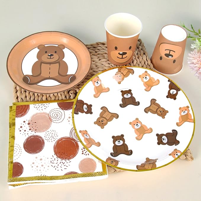 Brown Teddy Bear Baby Shower Plates - Teddy Bear Paper Plates,Disposable Cups,Napkin with Firework Pattern in Golden Border for 24 Bear Theme Party Supplies ,Baby Shower Wedding Birthday Party