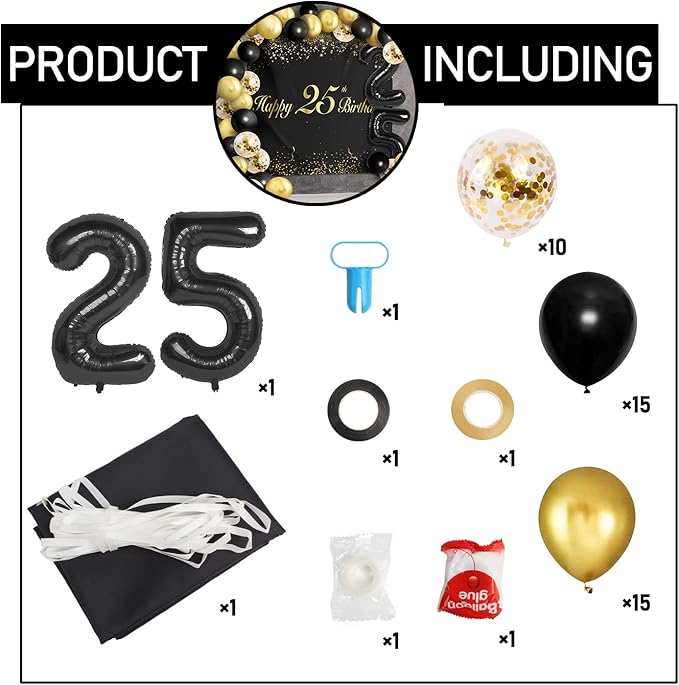 Happy 25th Birthday Balloons Black Set Decor - Cheers to 25 Years Old Party Theme Garland Banner Backdrop Decorations For Women and Men Supplies