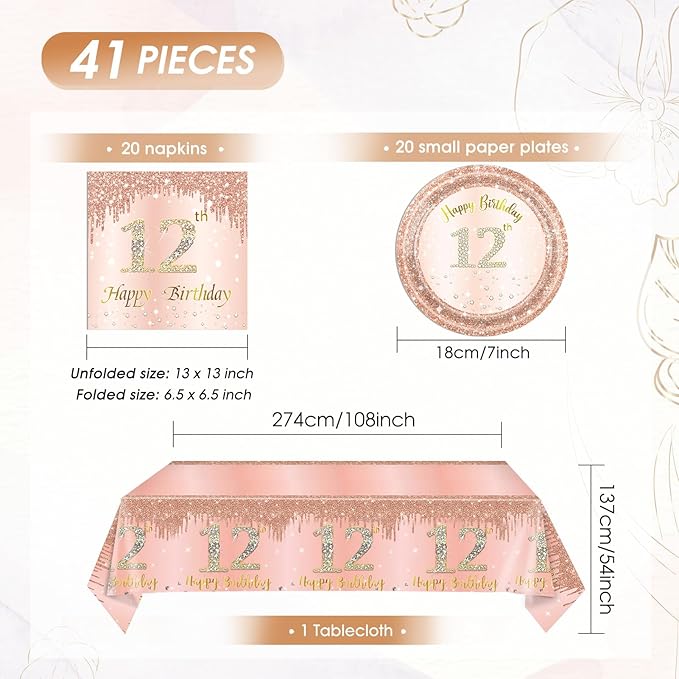 41Pcs 12th Birthday Decorations for Girls Rose Gold 12th Birthday Party Plates and Napkins,Tablecloth Happy 12 Years Birthday Party Tableware Set for 12 Year Old Girls Teenager Party Favor Supplies