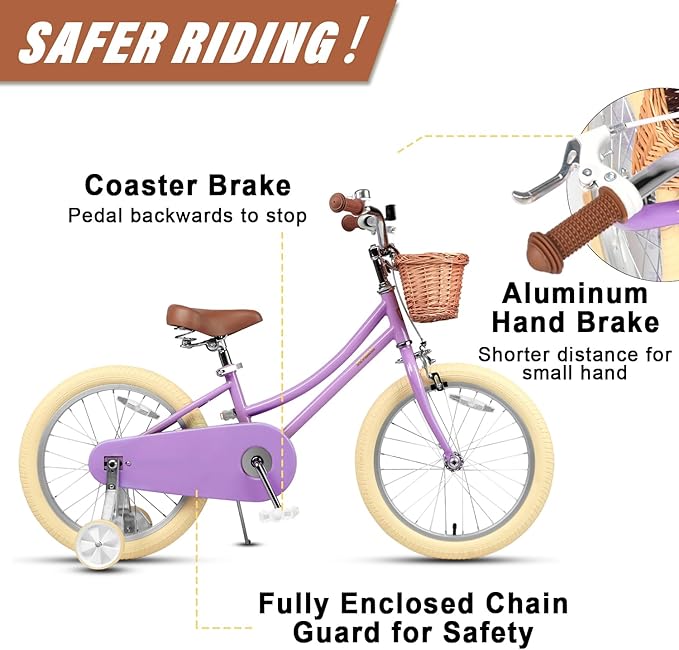Petimini Vintage Kids Bike for Girls, 12–20 Inch Classic Bicycle with Wicker Basket & Bell, High Tensile Steel Frame, Training Wheels (12–18”), 85% Pre-Assembled, Retro Bike for Outdoor Riding