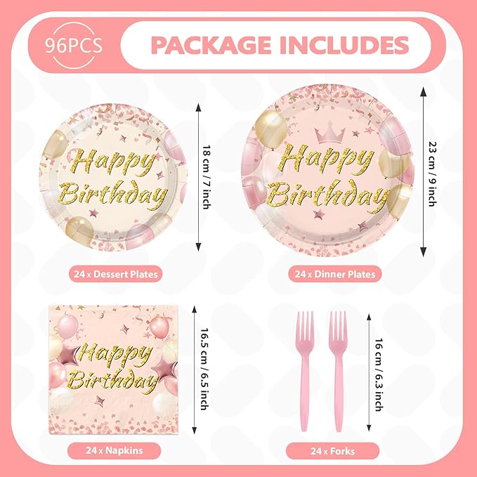 96Pcs Blush Beige Birthday Party Decorations Boho Dusty Pink Plates and Napkins Pink Rose Gold Glitter Happy Birthday Tableware Set for Women Girls Bridal Shower Wedding Party Supplies, Serves 24