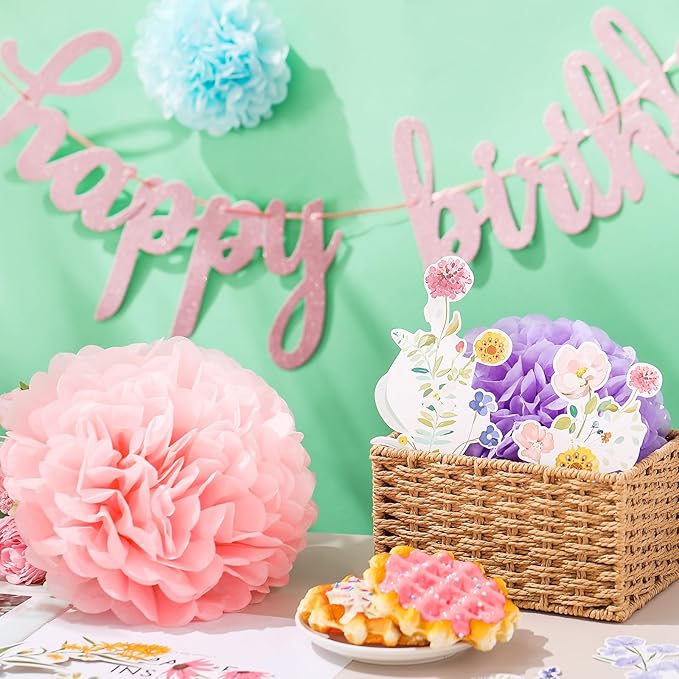 28 Pcs Wildflower Birthday Party Decorations Floral Hanging Swirls Glitter Birthday Banner Honeycomb Balls for Women Flower Themed Birthday Baby Shower Wedding Party Supplies