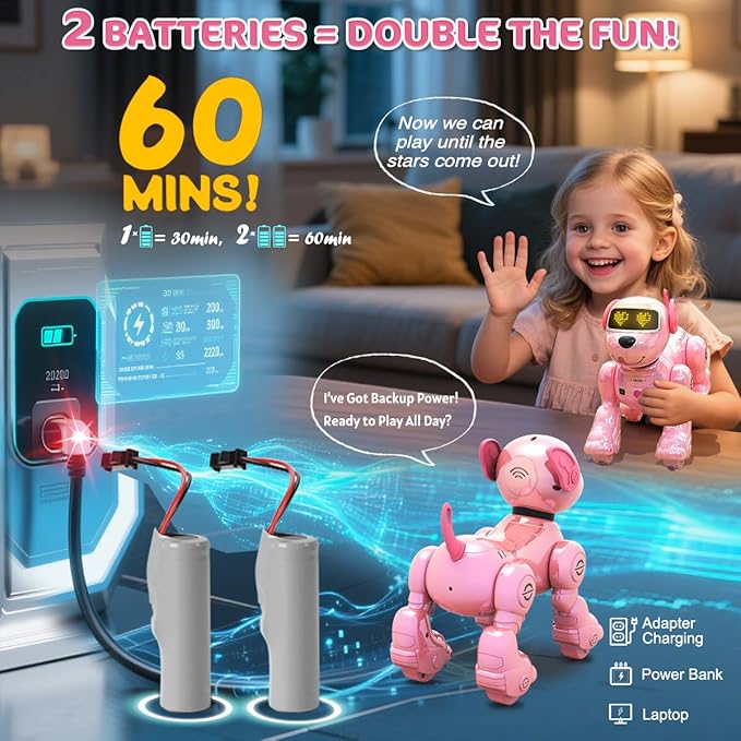 VATOS New Kids Remote Control Robot Dog, 17 Fun Interactive Functions Intelligent Programmable Kids Robotic Puppy with 2 Batteries, Singing Dancing Walking Robot Dog Toy for Girls 3-8 Years Old, Pink