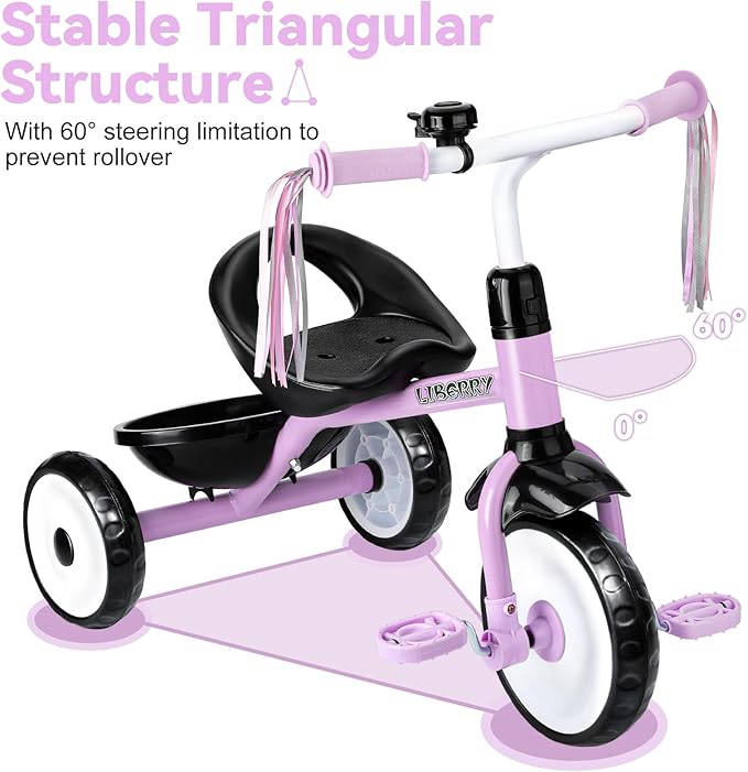 Liberry Toddler Tricycle Age 2 3 4 Years Old, Kids Trike with Bell, Back Basket and Removable Pedal, 3 Wheel Bike Riding Toy Gift for Girls, Purple