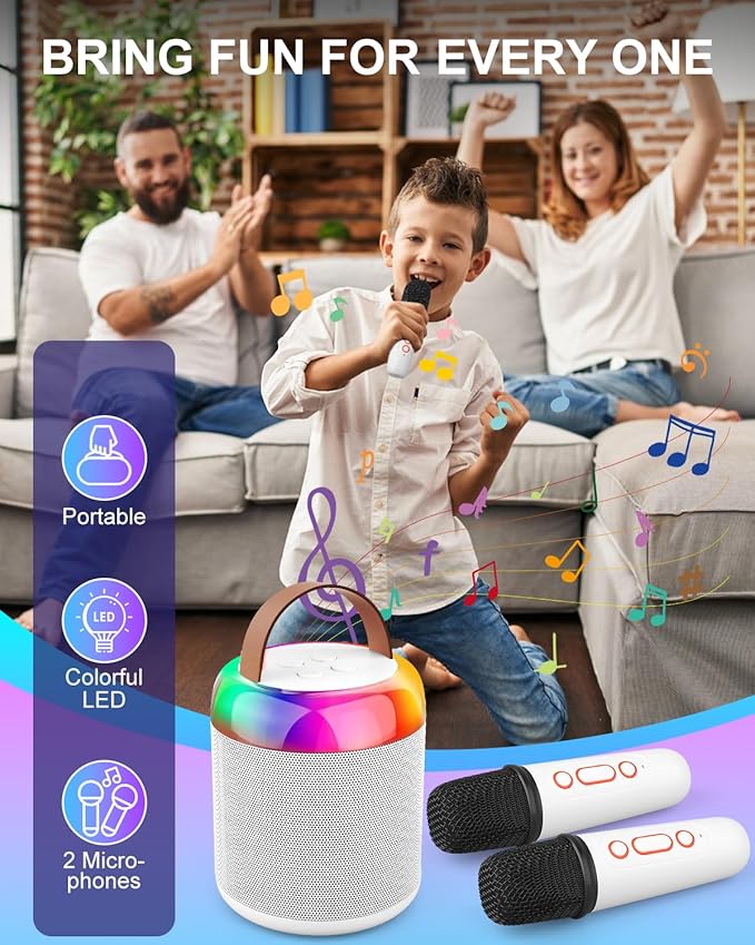 Karaoke Microphone Machine with 2 Drivers for Kids Adults, Muscial Singing Toy for Girls Boys Ages 3-12 Years Old, Bluetooth Speaker Birthday Gift Stocking Stuffer Classroom Prizes Party Game