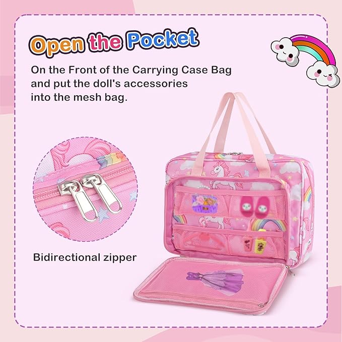 Doll Carrying Case Accessory Organizer Storage, Case to Hold Dolls and Clothes, Much Pocket for Doll’s Clothes, Accessories, Fits 6 Dolls & Accessories, Secure Straps Protect Dolls - Pink