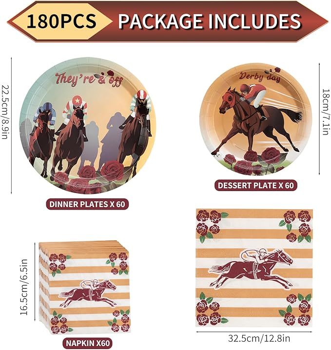180Pcs Kentucky Derby Day Party Supplies Serve 60, Disposable Derby Horse Paper Plates and Napkins Set for Kentucky Derby Decorations Horse Birthday Party