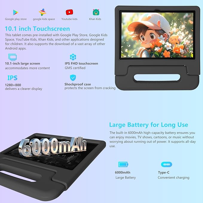 Kids Tablet 10.1 inch HD Android 14 Tablets for Kid 64 GB Storage 8GB RAM Octa-Core Processor with EVA Kid-Proof Case, Parental Controls Bluetooth and WiFi, Black