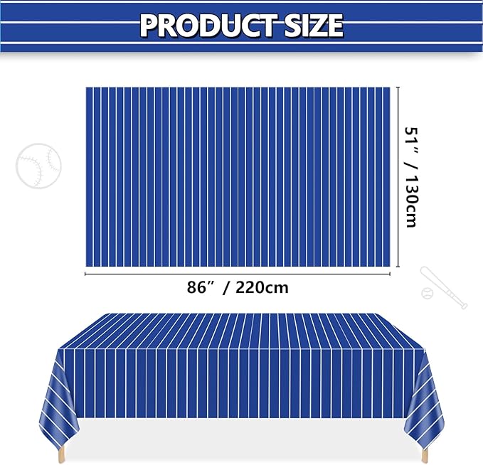 4 Pcs Plastic Baseball Tablecloths, Rectangle Blue Stripe Party Table Cloth for Baseball Game Day Sports Theme Party Supplies, 51 x 86 Inches