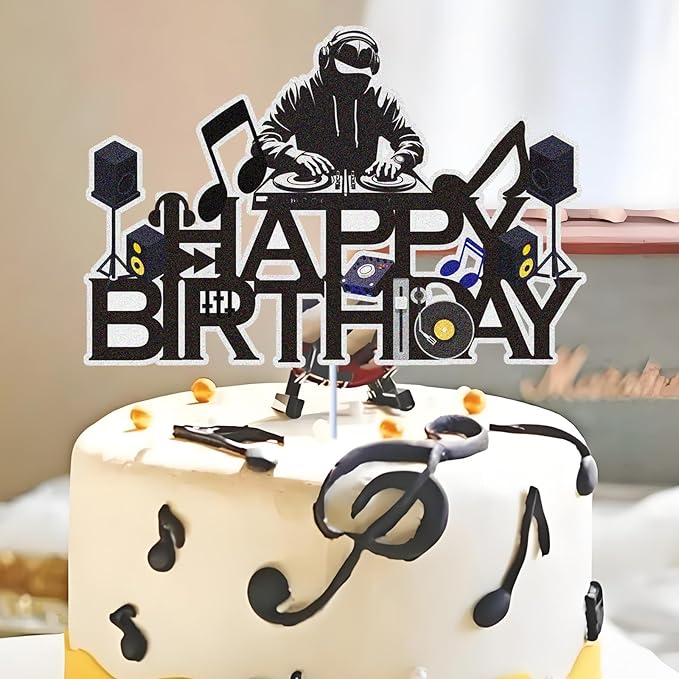 Dj Disco Happy Birthday Cake Topper Music Rock Disco Hip Hop Black Glitter Cake Decoration Carnival party Dj Disco Unisex adult Theme Birthday Party Supplies
