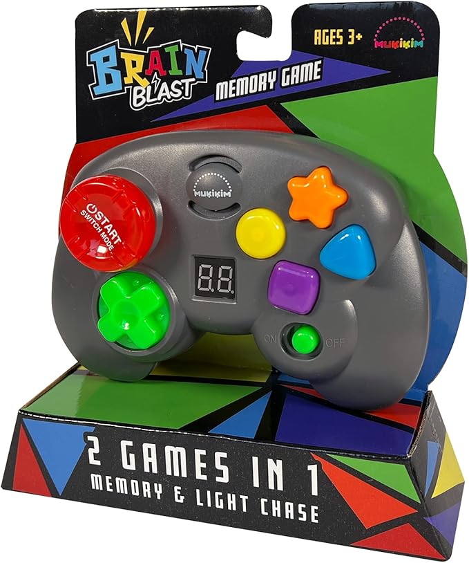 MUKIKIM Brain Blast - Memory & Light Chase 2 Games in 1. Exciting & Unique Electronic Handheld Game for Kids Ages 3+. Challenge Yourself to Repeat The Patterns & Advance to Higher Levels!