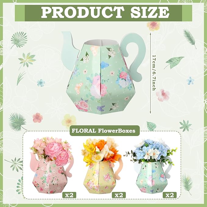 Fulmoon 6 Pcs Tea Party Decorations 6.7'' Flower Box Table Paper Teapot Princess Centerpiece Vase Table Decor Wonderland Fancy Party Decor for Floral Tea Birthday Baby Shower Wedding (Fresh)