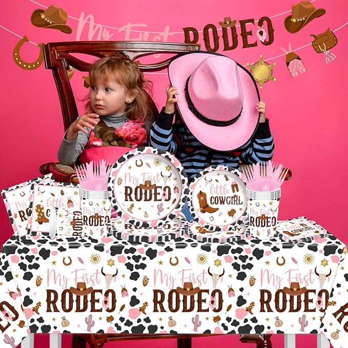 My First Rodeo Birthday Decorations - 142Pcs Western Cowgirl Tableware for 1st Birthday Party Supplies, Pink Baby Shower Dinnerware for Girl
