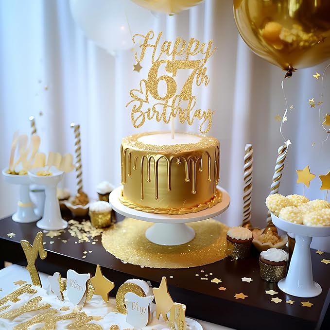 Happy 67th Birthday Cake Topper, 67th Birthday Decorations for Men/Women, Cheers to 67 Years, Hello 67, 67th Happy Birthday Party Supplies Gold Glitter