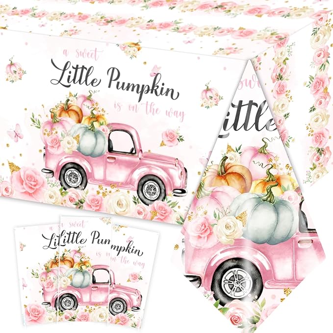 GREHUMOR Little Pumpkin Baby Shower Tablecloth a Sweet Little Pumpkin is on The Way Theme Pink Floral Truck Table Cover Plastic Disposable for Autumn Thanksgiving Baby Shower Party Decoration