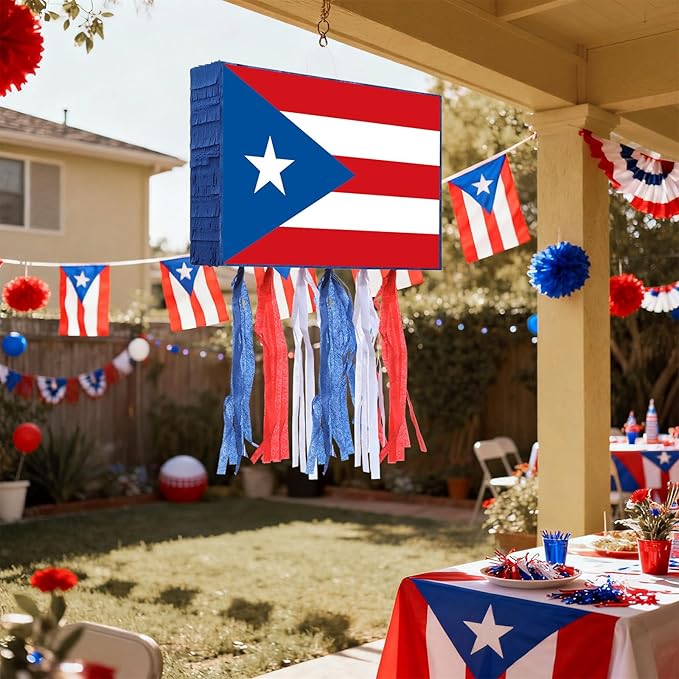 Puerto Rico Flag Piñata Red White and Blue Small Piñata Set with Bat and Blindfold for Puerto Rico Party Games National Day Patriotic Festival Supplies Holiday Decorations
