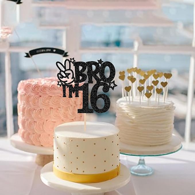1 PCS Brother I'm 16 Cake Topper Glitter Star Happy 16th Birthday Cake Pick Bro I'm 16 Cake Decoration It's My 16th Birthday Decorations for Boys Cheers to 16 Years Old Birthday Party Supplies Black