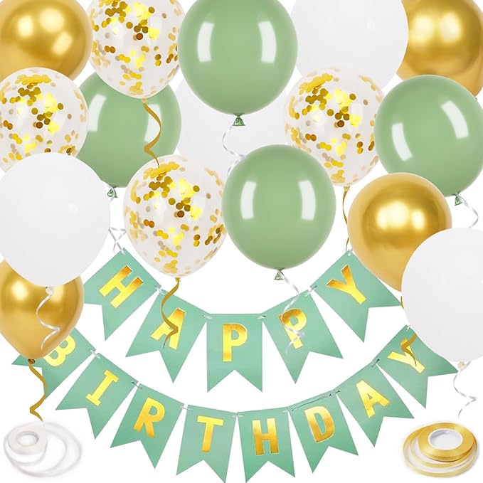 Happy Birthday Banner, Green Birthday Decoration, 16 Pcs 12in Happy Birthday Balloons with 2 Ribbons for Men Women Girls and Boys Birthday Party Decoration