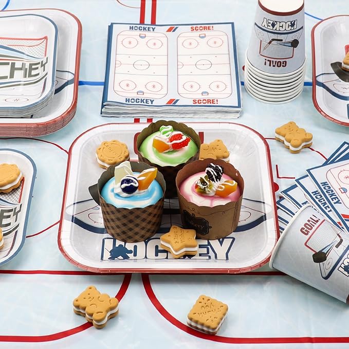 Hockey Birthday Decorations - 81Pcs Tableware Pack, Disposable Hockey Theme Plates, Napkins, Tablecloth for Kids Fans Sports Birthday Party Supplies, Serve 20