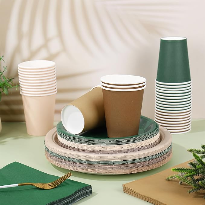 Whaline 244Pcs Woodland Tableware Set Serves 48 Sage Green Brown Disposable Dinnerware 48 9" Plates 48 7" Plate 48 9oz Cups 100 Napkins for Baby Shower Forest Party Supplies