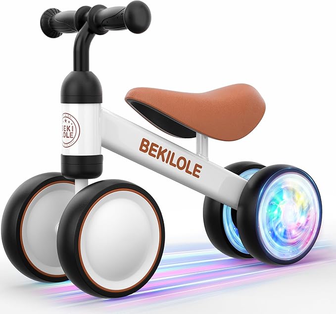 BEKILOLE Baby Balance Bike with Light Up Wheels | Toys for 1 Year Old Boy | 1st Birthday Gift for One Year Old Boy & Girl | 12-36 Month Toddler Bike - White & Brown