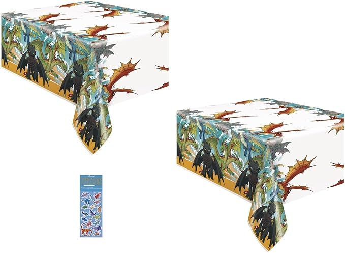 Unique How to Train Your Dragon Birthday Party Supplies Bundle Pack Includes 2 Plastic Table Covers and 1 Dinosaur Sticker Sheet