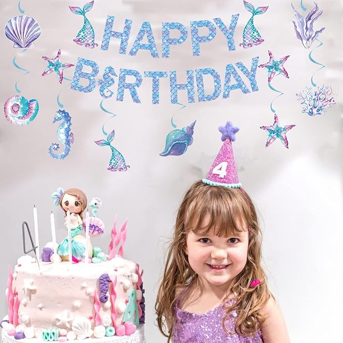Zwiebeco Mermaid Happy Birthday Party Decoration Banner Bunting Garland Hanging Paper Swirls Kit for Kids Girls Under the Sea Theme Accessories Supplies