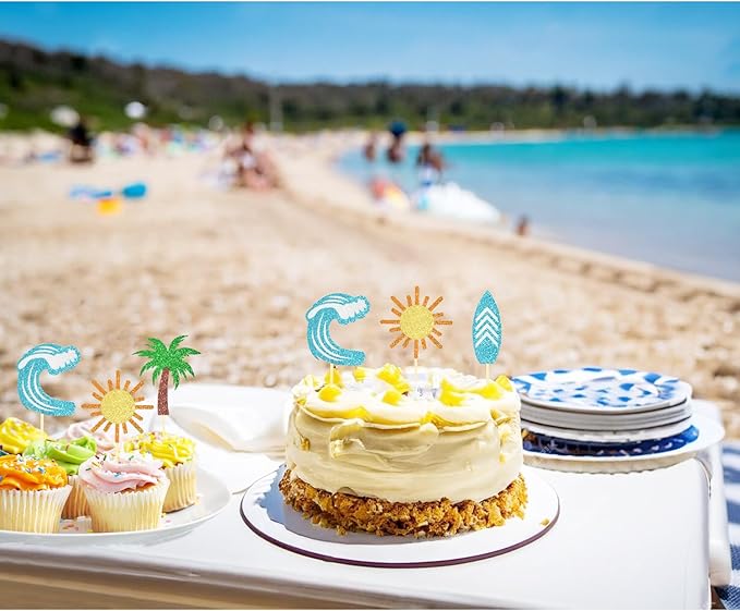 24 Pack Surfing Cupcake Toppers Glitter Summer Theme Surfboard Beach Cake Decorations Picks for Summer Beach Party Birthday Party Supplies (Surfing)