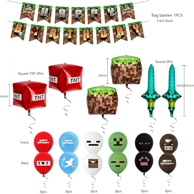 Pixel Happy Birthday Decorations Party Favor Balloons with Banner ，Pixel Video Game Theme Party Supplies