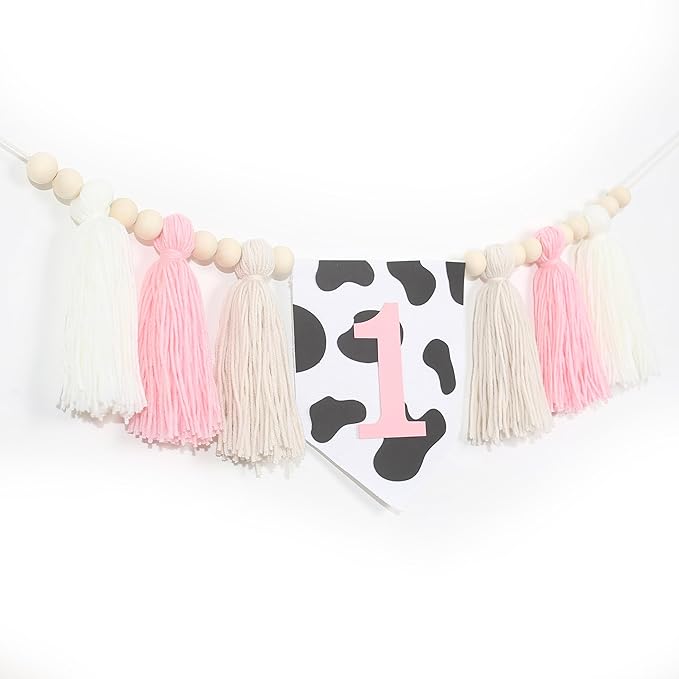 Holy Cow 1st Tassels Banner Birthday Decorations Girl - First Highchair Tassels Banner, High Chair Wood Beads Garland Party Supplies, Pink Black White, Photo Props, Handmade