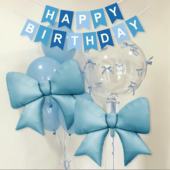 Blue Bow Birthday Decorations, Blue Happy Birthday Banner with Satin Ribbon Mini Bows Decor, White and Clear Balloons and Bow Foil Balloon for Girls Birthday Bows Theme Party Supplies