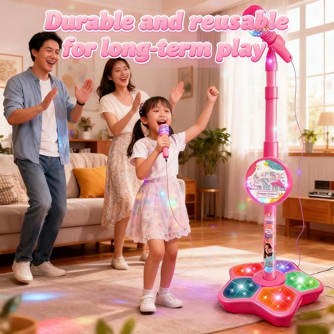 The Multifunctional Microphone Toy, Multi-Functional Microphone Toy with Adjustable Stand, Speakers and Lights, Compatible with Mobile Phones, for Christmas and Birthday (Blue)