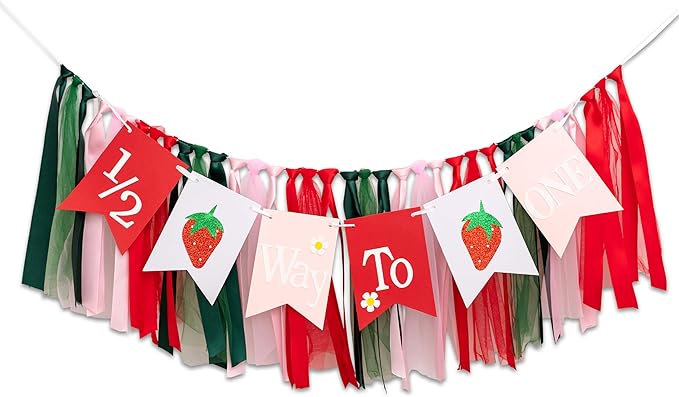 Strawberry 1/2 Way To One High Chair Banner - 6 Months Birthday Party Decorations, Berry Sweet Girl Half Birthday Party Supplies High Chair Banner, Strawberry Sign Baby Shower Party Garland