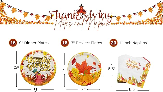 Blue Orchards Thanksgiving Party Plates and Napkin (52 pieces for 16 guests) - Thanksgiving Party Supplies, Thanksgiving Party Decorations, Fall Theme Party, Turkey Party Plates and Napkins