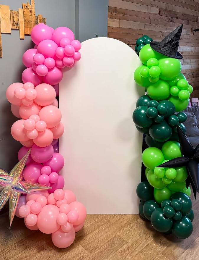 Pink and Green Balloon Garland Arch Kit - Witch Balloon Arch Kit, Pink Green Balloons and Foil Fringe Curtains, Witch Hat Crown Exploding Star Broom Balloons for Birthday,Witch Themed Party Decor