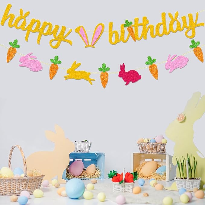 Zwiebeco Gold Happy Birthday Easter Banner Bunny Carrot Bunting Garland Hanging Paper Party Decoration Supplies for Spring Boys Girls Kids Baby Shower Bday Decor Accessories Supplies