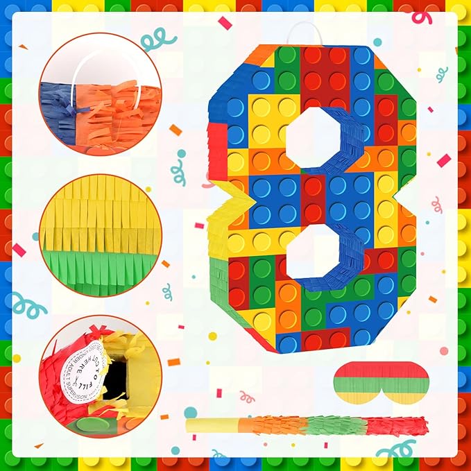 Number 8 Pinata with Blindfold and Bat Stick Building Block 8th Birthday Decorations for Kids Boys Girls Building Block Birthday Party Games Number Pinata for Fiesta