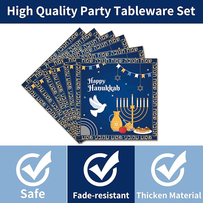 96PCS Happy Hanukkah Plates and Napkins - Hanukkah Decorations Chanukah Party Supplies Jewish Chanukah Disposable Tableware Set Serve 24 Guests