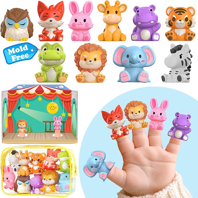 Oriate Zoo Animals Finger Puppets, 10PCS Infant Jungle Animals Finger Bath Pool Toys, Puppet Theater Storage Bags incl, 12m+ Toddler Travel Toys Valentines Gifts Easter Eggs Basket Stuffers