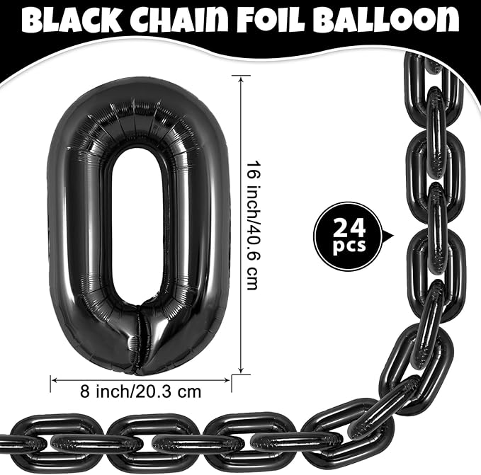 24 Pcs Chain Balloons,Giant Black Chain Balloons Garland,16 inch Foil Chain Balloons for 80s 90s Party Decorations Birthdays Weddings Graduations Hip Hop Retro Theme Party Supplies (Black)