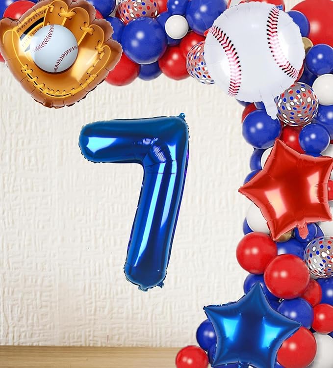 Baseball Balloons 7th Birthday Decorations for Boys | Baseball Birthday Decoration Sports Theme Party Supplies, 32Inch Foil Mylar Number 7 Balloon Navy Blue Red White Sports Balloon Arch Kits